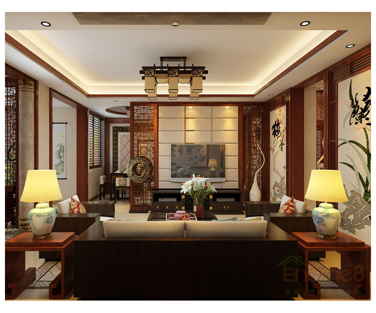 大美天第中式原木客廳裝修效果圖1