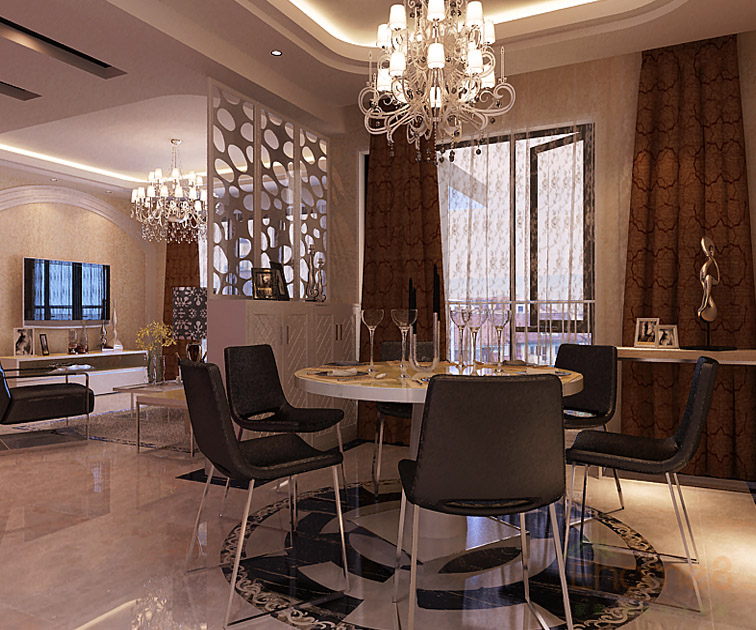 現代氣息淡黃色調餐廳餐桌裝修效果圖