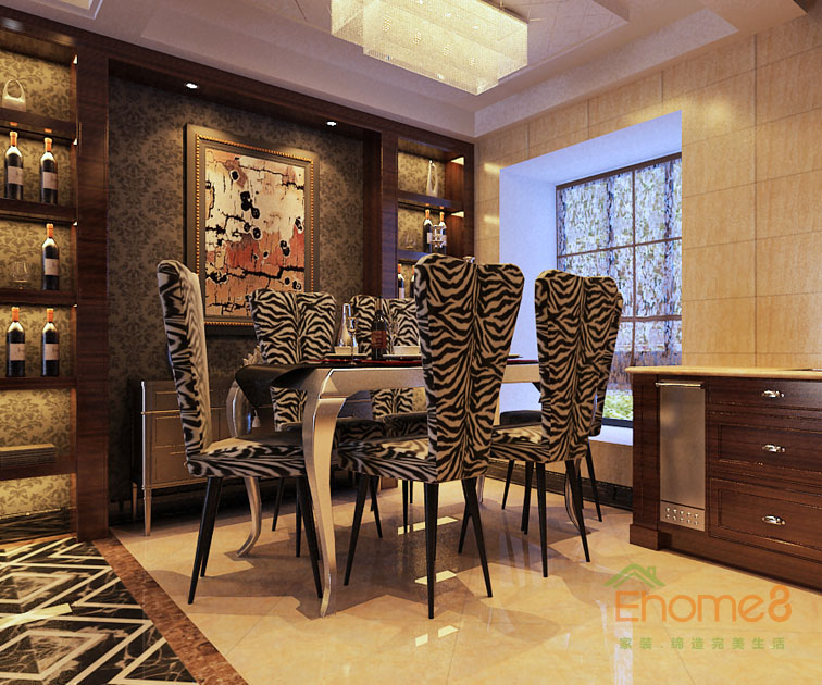 東郡歐式風(fēng)格132平米餐廳斑馬線餐桌裝修效果圖