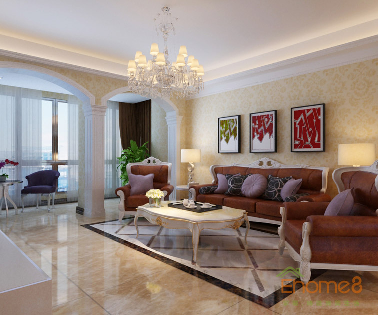 三房一廳108㎡歐式簡約客廳吊燈背景墻裝修效果圖1