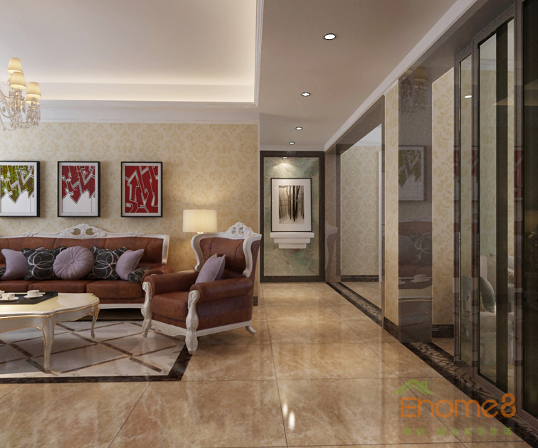 三房一廳108㎡歐式簡約客廳過道背景墻裝修效果圖1