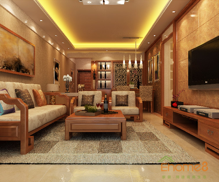 77㎡兩房一廳歐式風格客廳全景裝修效果圖3