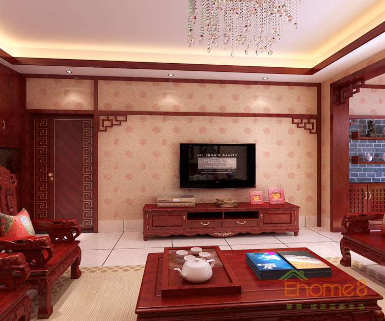 66㎡兩房一廳中式原木風(fēng)格客廳電視裝修效果圖.jpg