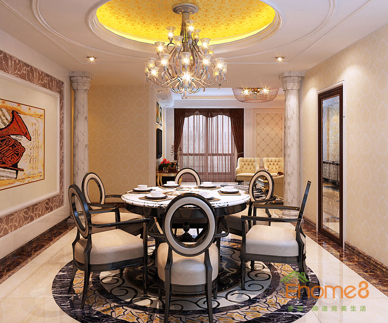 108㎡三房一廳法式風(fēng)格餐廳吊燈餐桌裝修效果圖