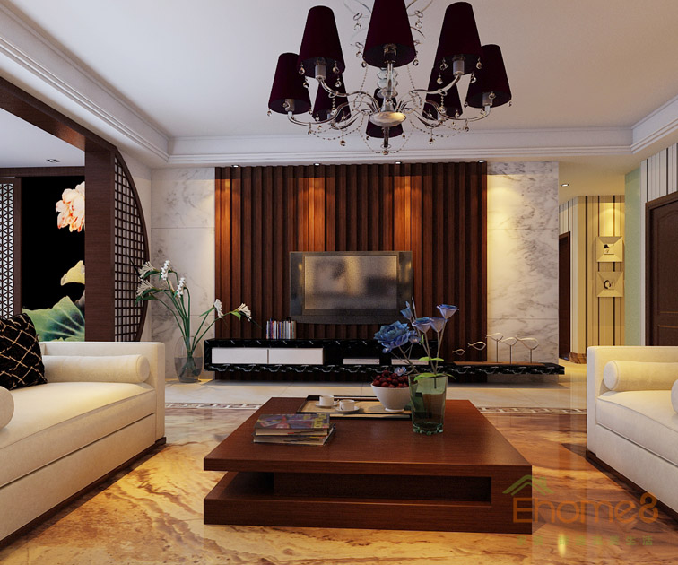 93㎡三房一廳歐式風格客廳吊燈電視墻裝修效果圖.jpg