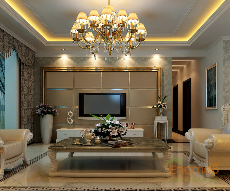 142㎡四房一廳法式風格客廳吊燈電視墻裝修效果圖22