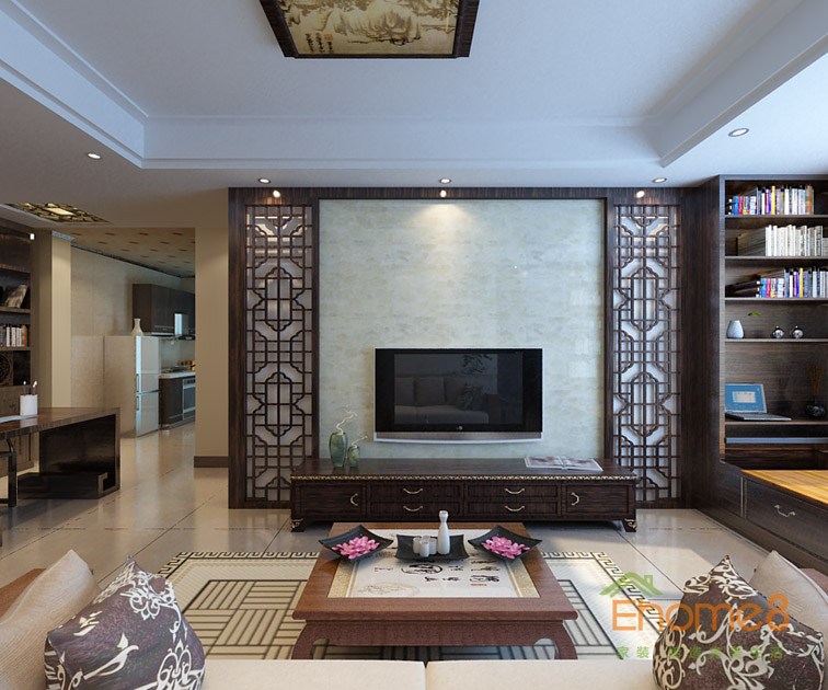 42㎡小戶型中式原木風格客廳電視墻裝修效果圖22