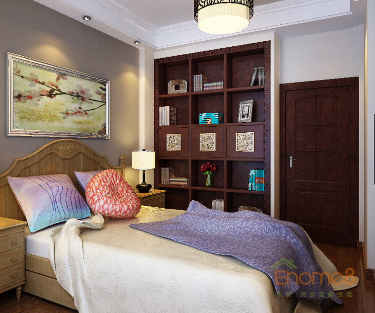 93㎡三房一廳中式原木風格次臥儲物柜裝修效果圖