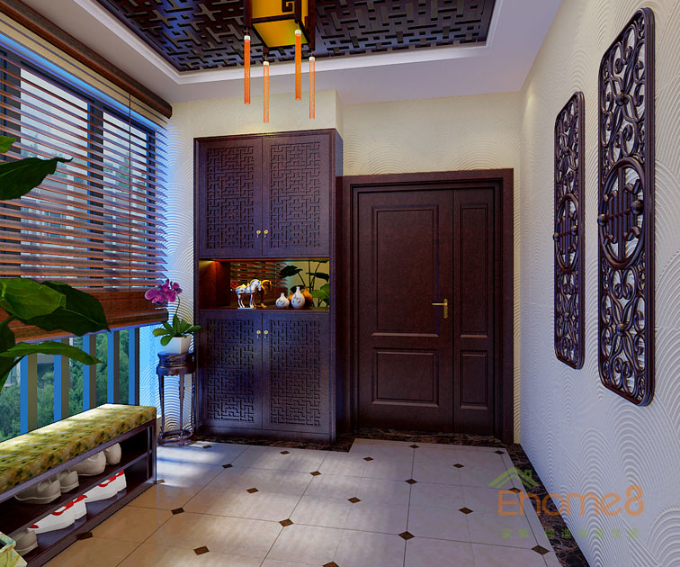 93㎡三房一廳中式原木風格入戶玄關裝修效果圖