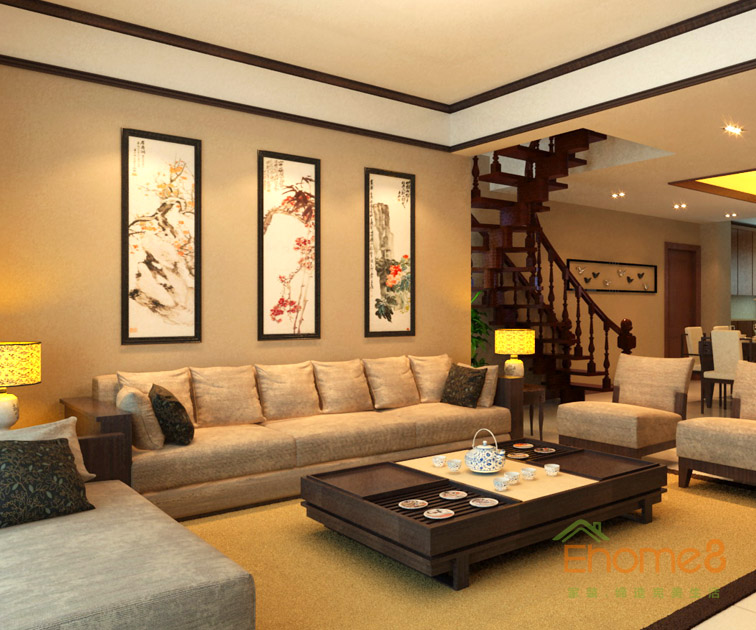 179㎡復式中式簡約風格客廳背景墻裝修效果圖