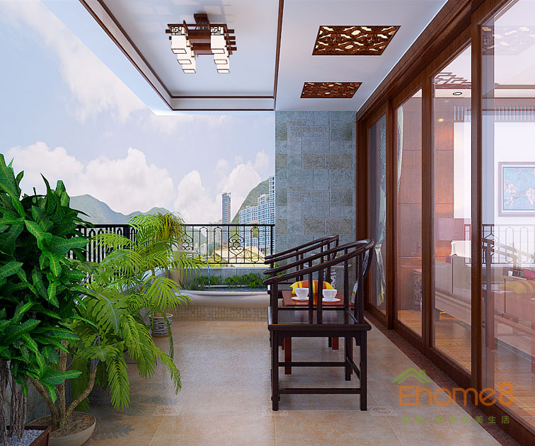 76㎡兩房一廳現代中式風格陽臺裝修效果圖