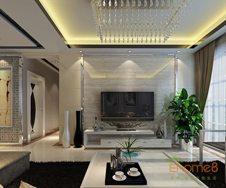 71㎡兩房一廳美式風(fēng)格客廳電視墻裝修效果圖