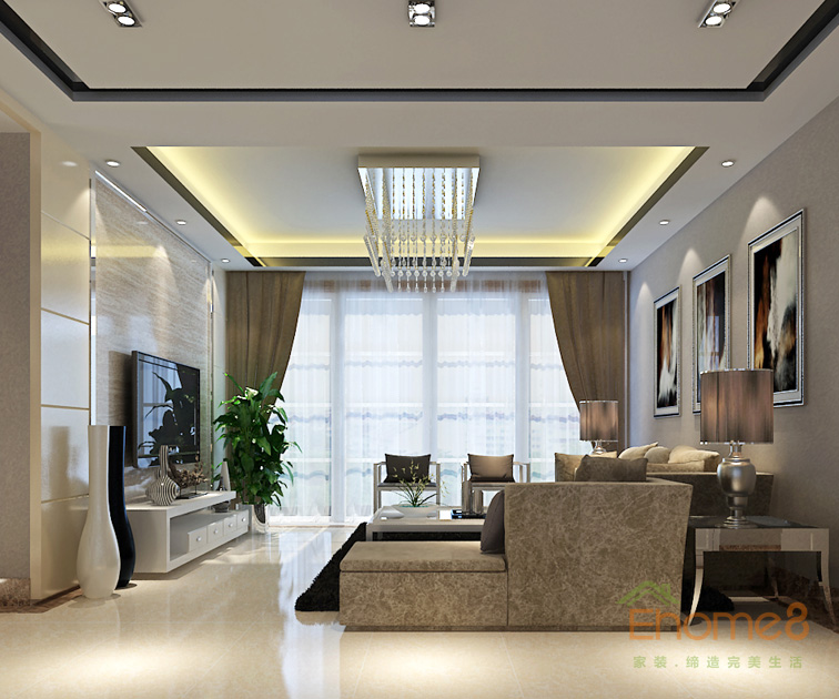 71㎡兩房一廳美式風(fēng)格客廳全景裝修效果圖