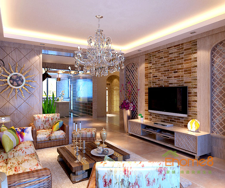 72㎡兩房一廳地中海風(fēng)格客廳全景裝修效果圖