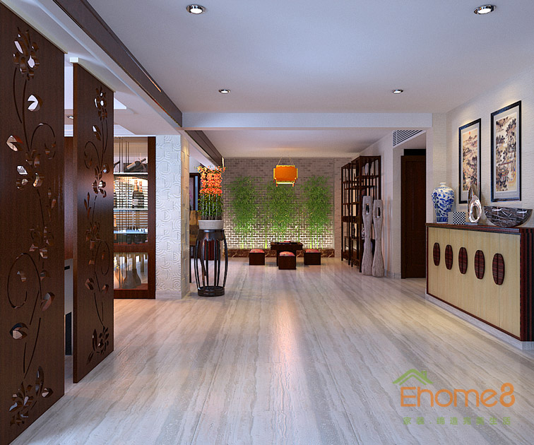 172㎡躍層中式田園風(fēng)格一樓過(guò)道裝修效果圖