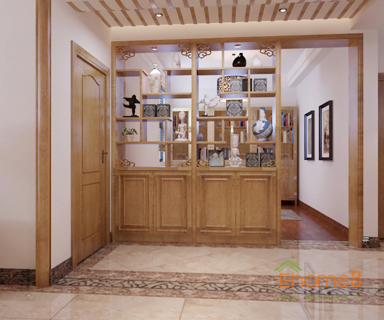 98㎡三房一廳中式原木風格博古架裝修效果圖