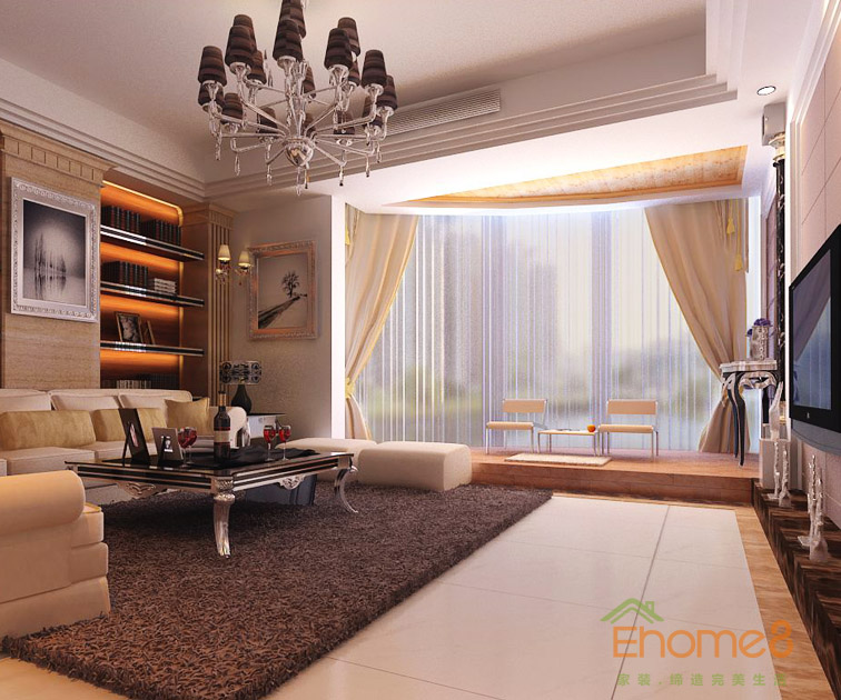 82㎡兩房一廳歐式風(fēng)格客廳全景裝修效果圖