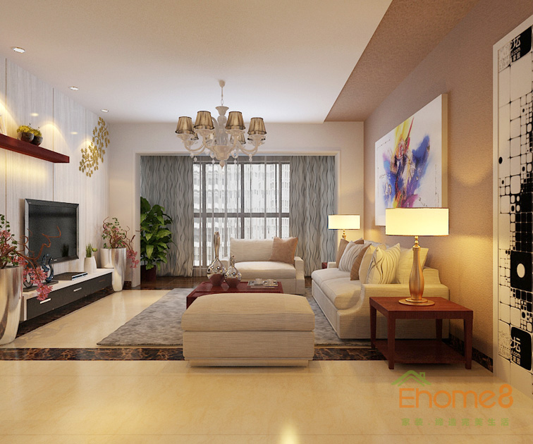 106㎡兩房一廳現代簡約風格客廳全景裝修效果圖