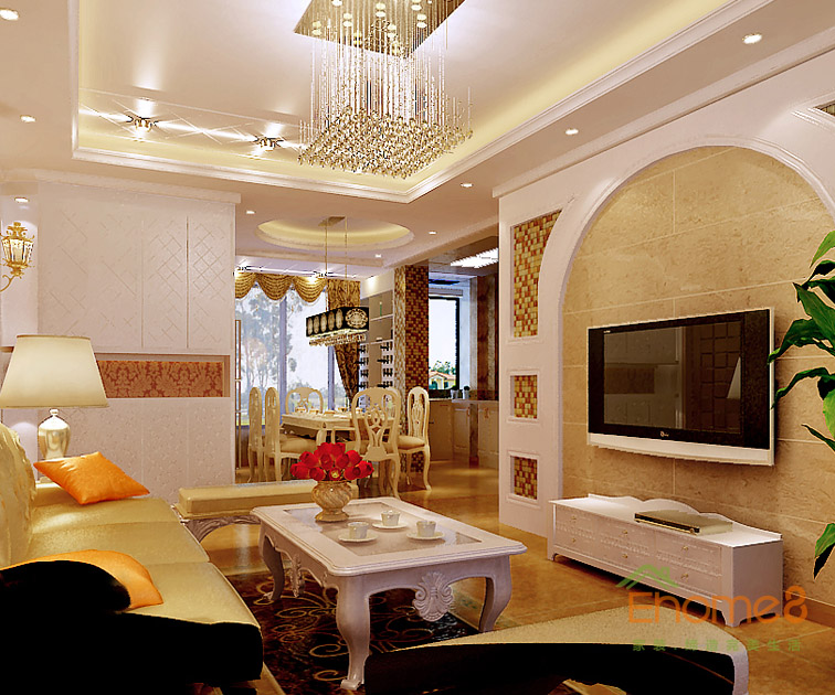 102㎡三房一廳法式風格客廳全景裝修效果圖