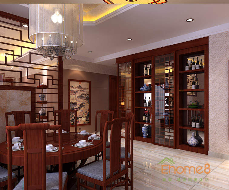 68㎡兩房一廳中式原木風(fēng)格餐廳博古架裝修效果圖
