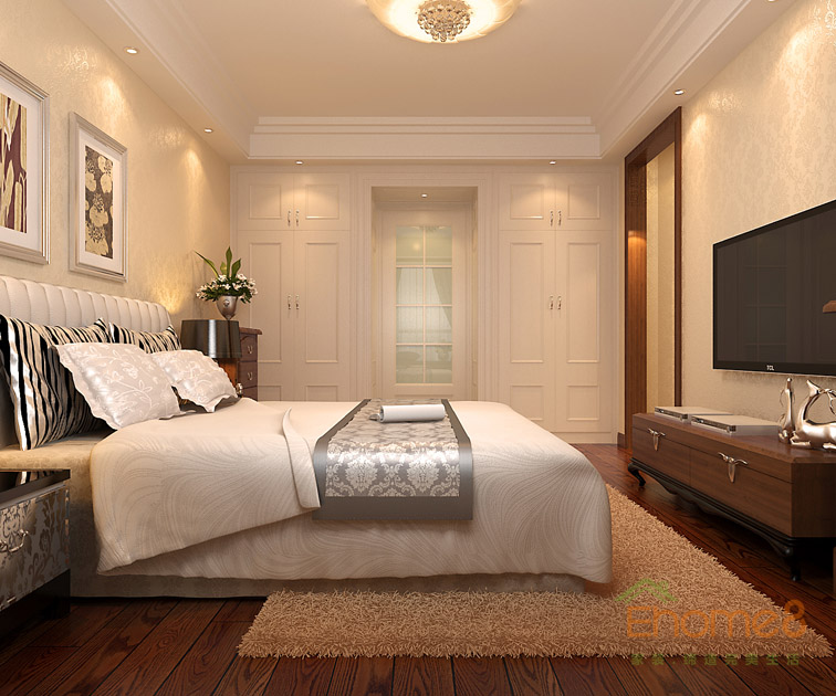 80㎡兩房一廳中西結合風格主人房全景裝修效果圖