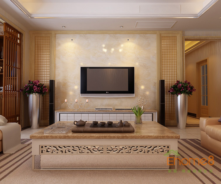 99㎡三房一廳現代中式風格客廳電視墻裝修效果圖
