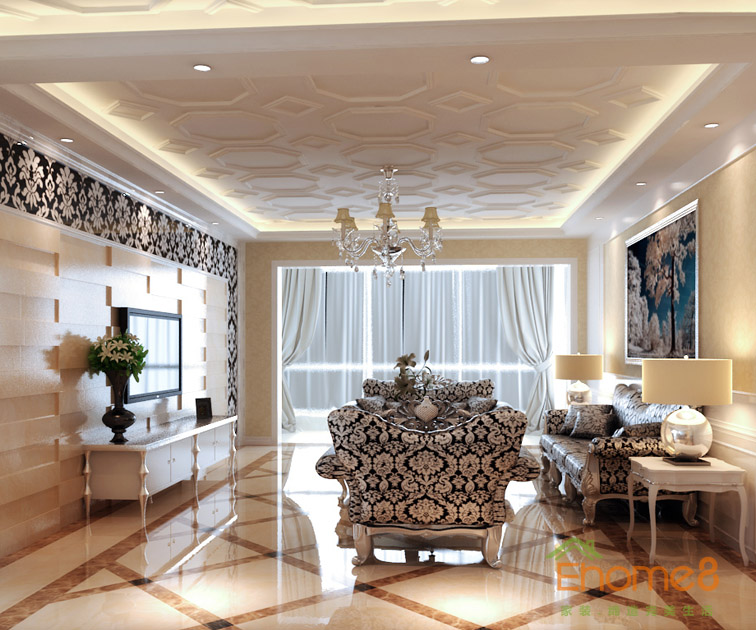 105㎡三房一廳歐式風(fēng)格客廳全局裝修效果圖